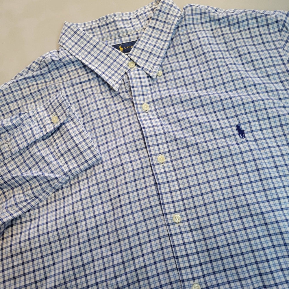 Ralph Lauren Mens XXL Slim Fit Blue White Check Plaid Button Down Shirt L/S Pony